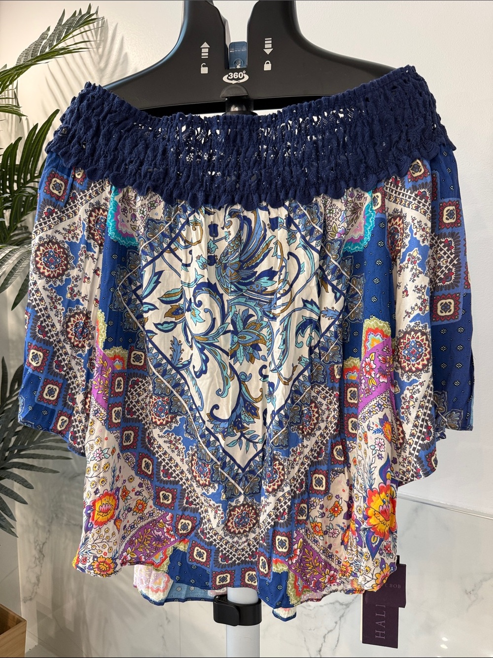 Hale Bob Navy Off-Shoulder Boho Tunic with Multicolor Floral Paisley